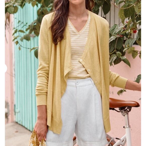 Garnet Hill Sweater Easy Linen Drape Front Cardigan Womens MED Mustard Yellow - Picture 1 of 11